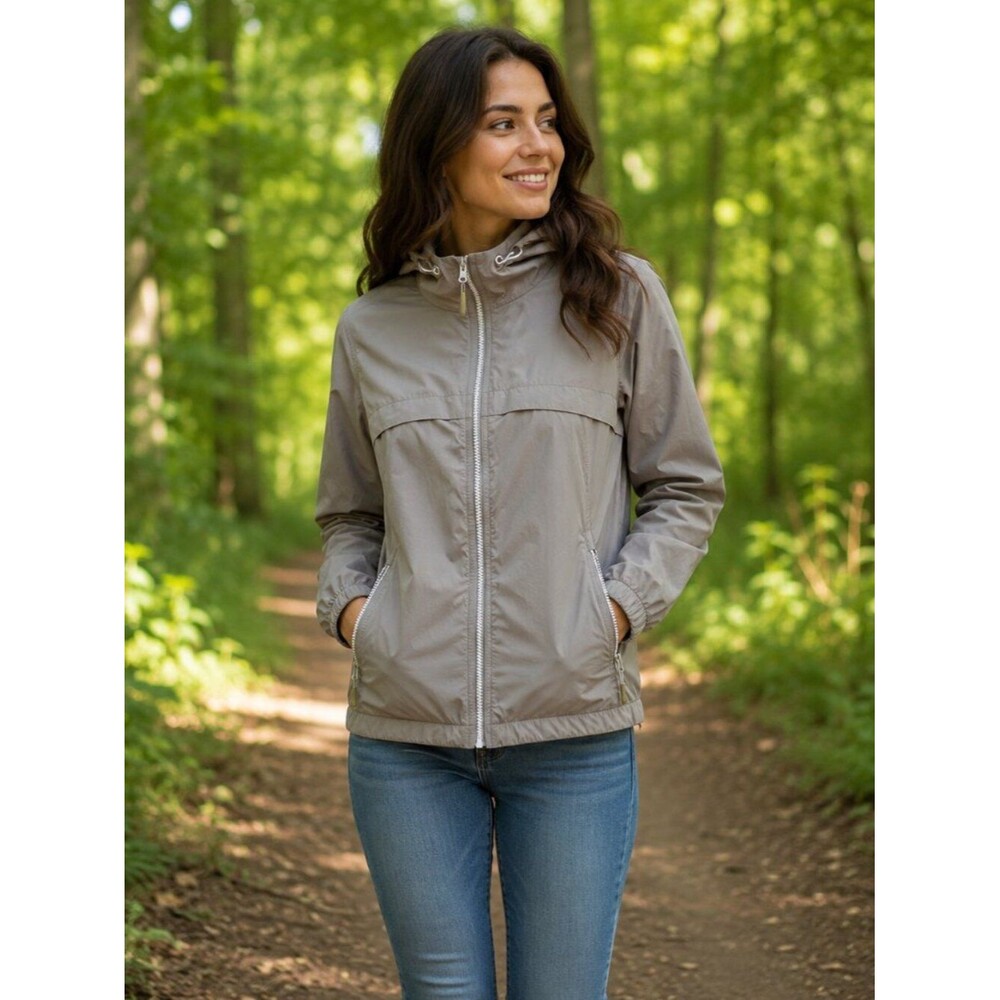 Bench Women's Hooded Windbreaker Jacket Size S Taupe Lightweight Zip Front Coat